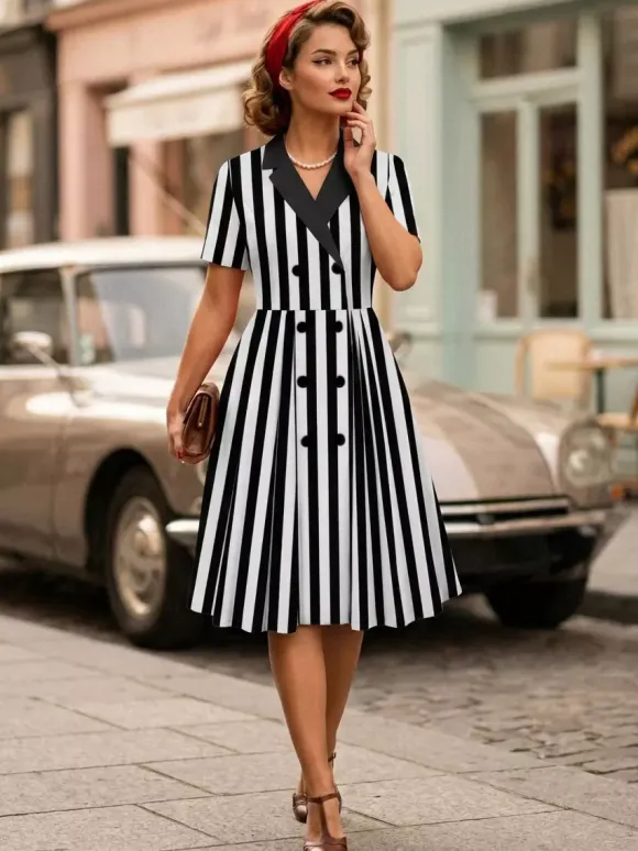 Vintage 1950s Swing Dress for Women - A Line Double Breasted Lapel Collar Rockabilly Midi Tea Dress - Summer Cocktail 2026