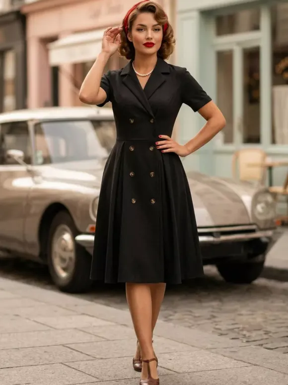 Vintage 1950s Swing Dress for Women - A Line Double Breasted Lapel Collar Rockabilly Midi Tea Dress - Summer Cocktail 2026