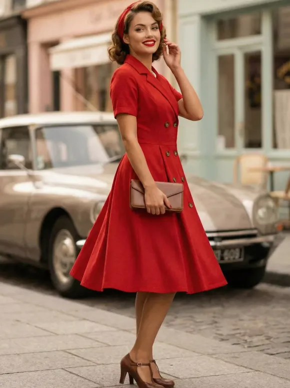 Vintage 1950s Swing Dress for Women - A Line Double Breasted Lapel Collar Rockabilly Midi Tea Dress - Summer Cocktail 2026