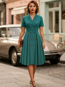 Vintage 1950s Swing Dress for Women - A Line Double Breasted Lapel Collar Rockabilly Midi Tea Dress - Summer Cocktail 2026