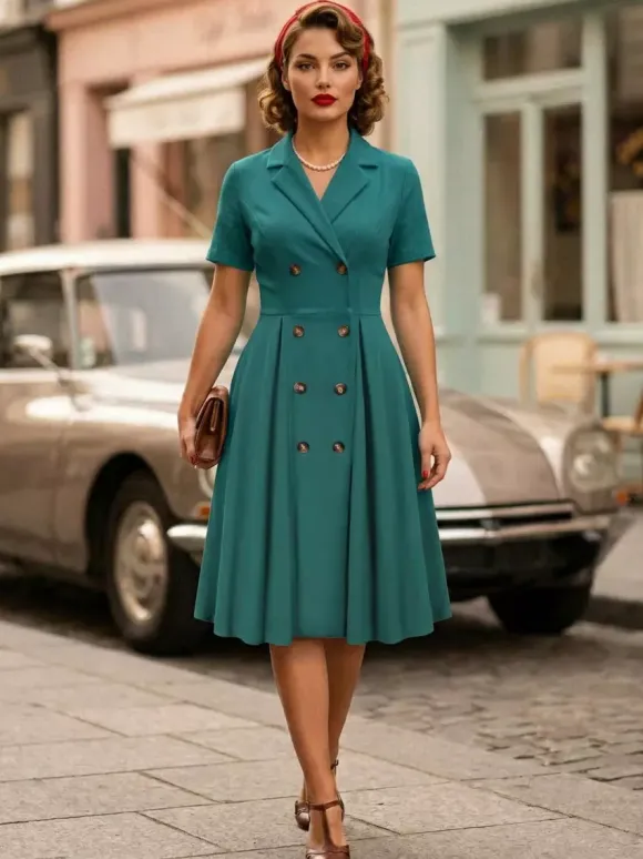 Vintage 1950s Swing Dress for Women - A Line Double Breasted Lapel Collar Rockabilly Midi Tea Dress - Summer Cocktail 2026