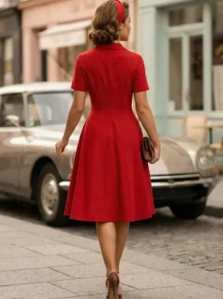 Vintage 1950s Swing Dress for Women - A Line Double Breasted Lapel Collar Rockabilly Midi Tea Dress - Summer Cocktail 2026