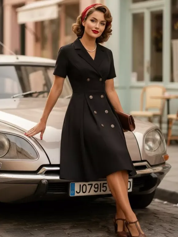 Vintage 1950s Swing Dress for Women - A Line Double Breasted Lapel Collar Rockabilly Midi Tea Dress - Summer Cocktail 2026