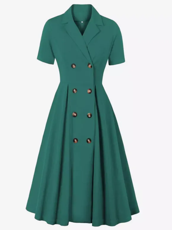 Vintage 1950s Swing Dress for Women - A Line Double Breasted Lapel Collar Rockabilly Midi Tea Dress - Summer Cocktail 2026