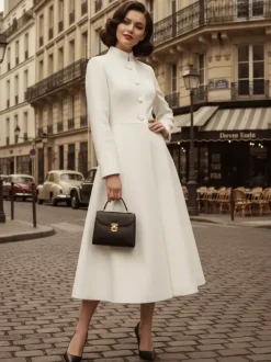 Vintage Stand-Collar A-line Woolen Flared Coat In White For Women 2026