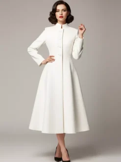 Vintage Stand-Collar A-line Woolen Flared Coat In White For Women 2026