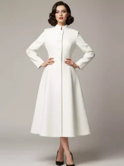 Vintage Stand-Collar A-line Woolen Flared Coat In White For Women 2026