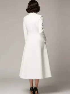 Vintage Stand-Collar A-line Woolen Flared Coat In White For Women 2026