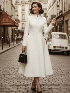 Vintage Stand-Collar A-line Woolen Flared Coat In White For Women 2026