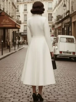 Vintage Stand-Collar A-line Woolen Flared Coat In White For Women 2026