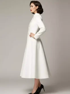 Vintage Stand-Collar A-line Woolen Flared Coat In White For Women 2026