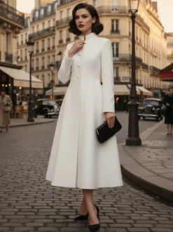 Vintage Stand-Collar A-line Woolen Flared Coat In White For Women 2026