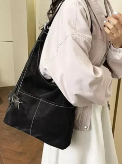 Vintage Suede Contrast Stitch Adjustable Strap Hobo Shoulder Bag With Mini Coin Purse