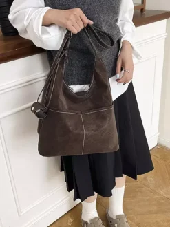 Vintage Suede Contrast Stitch Adjustable Strap Hobo Shoulder Bag With Mini Coin Purse