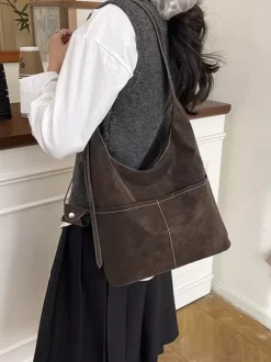 Vintage Suede Contrast Stitch Adjustable Strap Hobo Shoulder Bag With Mini Coin Purse