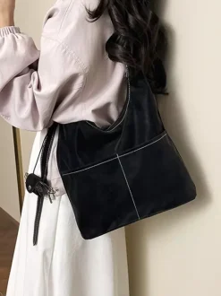Vintage Suede Contrast Stitch Adjustable Strap Hobo Shoulder Bag With Mini Coin Purse