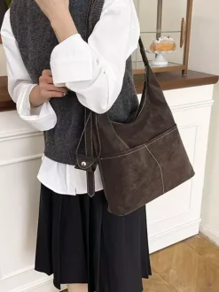 Vintage Suede Contrast Stitch Adjustable Strap Hobo Shoulder Bag With Mini Coin Purse