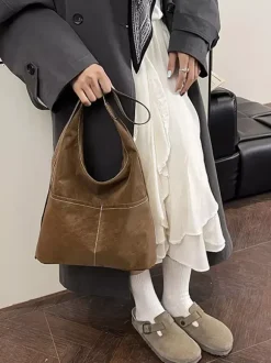 Vintage Suede Contrast Stitch Adjustable Strap Hobo Shoulder Bag With Mini Coin Purse