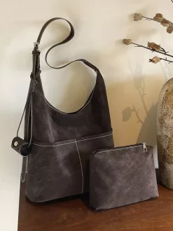Vintage Suede Contrast Stitch Adjustable Strap Hobo Shoulder Bag With Mini Coin Purse
