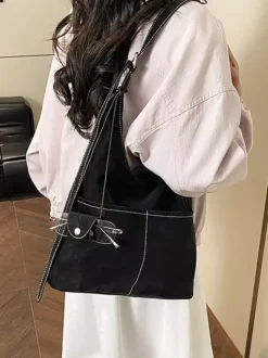 Vintage Suede Contrast Stitch Adjustable Strap Hobo Shoulder Bag With Mini Coin Purse