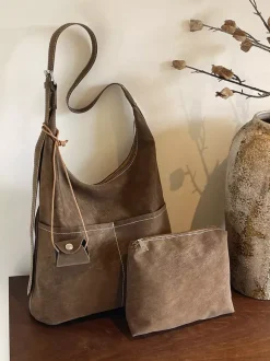 Vintage Suede Contrast Stitch Adjustable Strap Hobo Shoulder Bag With Mini Coin Purse
