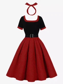 Vintage Swing Dress 1950s Contrast Polka Dot Dress Square Neck Tea Party Dress