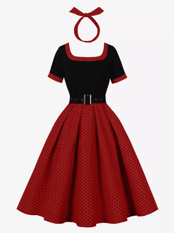 Vintage Swing Dress 1950s Contrast Polka Dot Dress Square Neck Tea Party Dress