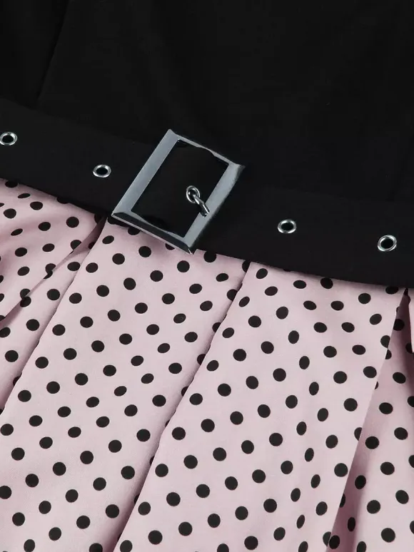 Vintage Swing Dress 1950s Contrast Polka Dot Dress Square Neck Tea Party Dress