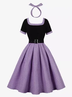 Vintage Swing Dress 1950s Contrast Polka Dot Dress Square Neck Tea Party Dress