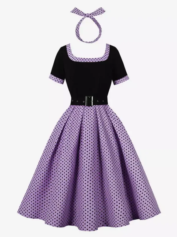 Vintage Swing Dress 1950s Contrast Polka Dot Dress Square Neck Tea Party Dress