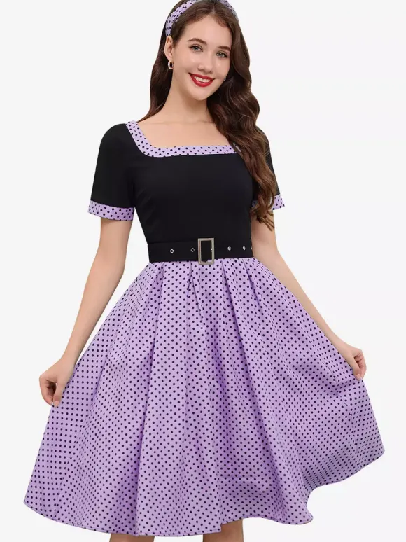 Vintage Swing Dress 1950s Contrast Polka Dot Dress Square Neck Tea Party Dress