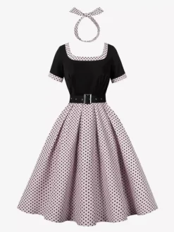 Vintage Swing Dress 1950s Contrast Polka Dot Dress Square Neck Tea Party Dress