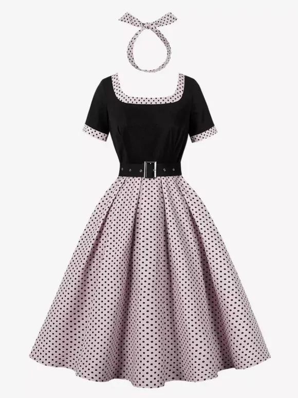 Vintage Swing Dress 1950s Contrast Polka Dot Dress Square Neck Tea Party Dress