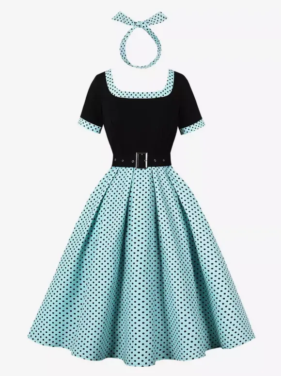 Vintage Swing Dress 1950s Contrast Polka Dot Dress Square Neck Tea Party Dress
