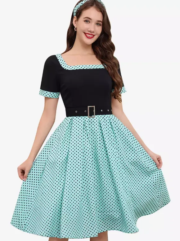 Vintage Swing Dress 1950s Contrast Polka Dot Dress Square Neck Tea Party Dress