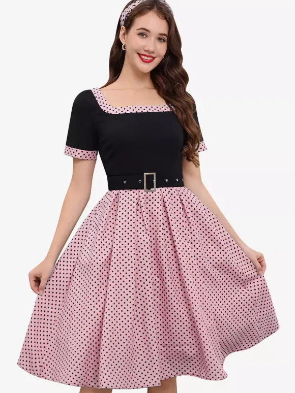 Vintage Swing Dress 1950s Contrast Polka Dot Dress Square Neck Tea Party Dress
