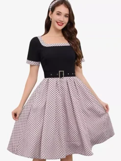 Vintage Swing Dress 1950s Contrast Polka Dot Dress Square Neck Tea Party Dress