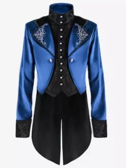 Vintage Tuxedo Middle Ages Buttons Floral Print Long Sleeves Overcoat Retro Renaissance Costume Medieval Costumes Burgundy
