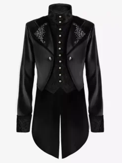Vintage Tuxedo Middle Ages Buttons Floral Print Long Sleeves Overcoat Retro Renaissance Costume Medieval Costumes Burgundy