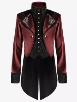 Vintage Tuxedo Middle Ages Buttons Floral Print Long Sleeves Overcoat Retro Renaissance Costume Medieval Costumes Burgundy