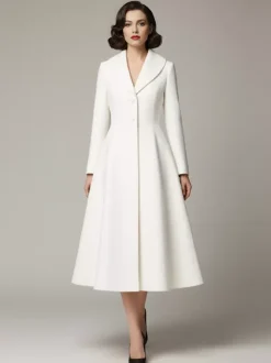 Vintage Unique Lapel A-line Woolen Flared Coat In White For Women 2026