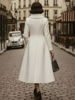 Vintage Unique Lapel A-line Woolen Flared Coat In White For Women 2026
