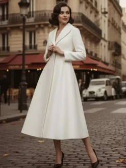 Vintage Unique Lapel A-line Woolen Flared Coat In White For Women 2026