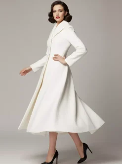 Vintage Unique Lapel A-line Woolen Flared Coat In White For Women 2026