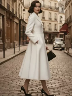 Vintage Unique Lapel A-line Woolen Flared Coat In White For Women 2026