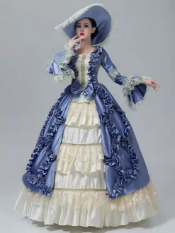 Vintage Victorian Dress Lace Trim Sleeves Ruched Ruffles Floor Length Vintage Gown