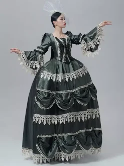 Vintage Victorian Dress Marie Antoinette Style Long Trumpet Sleeves Lace Trim Vintage Dress