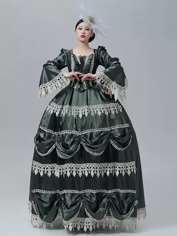 Vintage Victorian Dress Marie Antoinette Style Long Trumpet Sleeves Lace Trim Vintage Dress