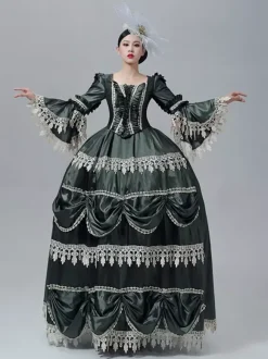 Vintage Victorian Dress Marie Antoinette Style Long Trumpet Sleeves Lace Trim Vintage Dress