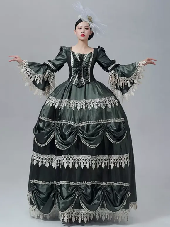 Vintage Victorian Dress Marie Antoinette Style Long Trumpet Sleeves Lace Trim Vintage Dress